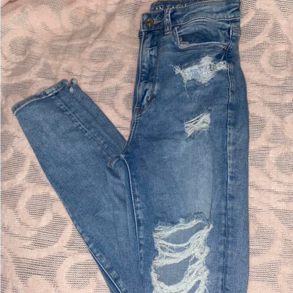 American Eagle Outfitters Blue Skinny Jeans with Distressed Details